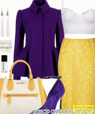 С какво да се носи жълта пола, лилаво + жълто, снимка
