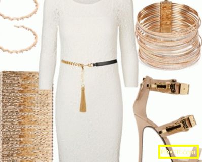бяла рокля със златни аксесоари, снимка