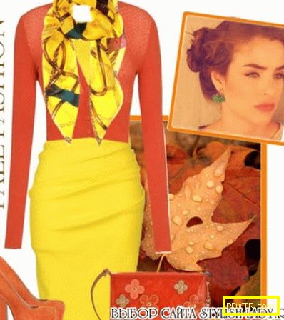 С какво да се носи жълта пола, оранжево + жълто, снимка