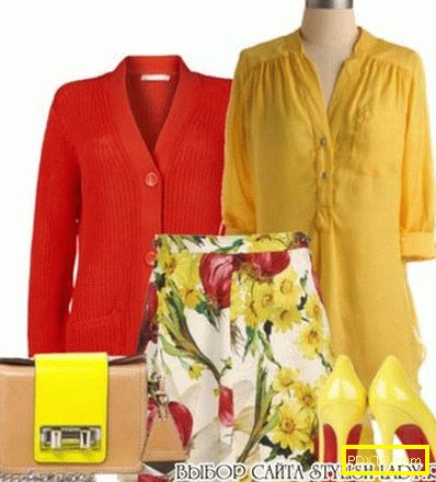 С какво да носите жълта блуза, червено + жълто, снимка