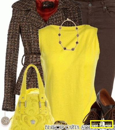 С какво да носите жълта блуза, кафяво + жълто, снимка